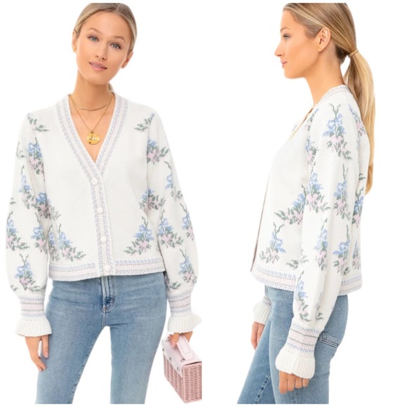 LOVESHACKFANCY Boscom Cardigan Floral Jacquard Knit Sweater Size XL 0071 - Picture 4 of 13